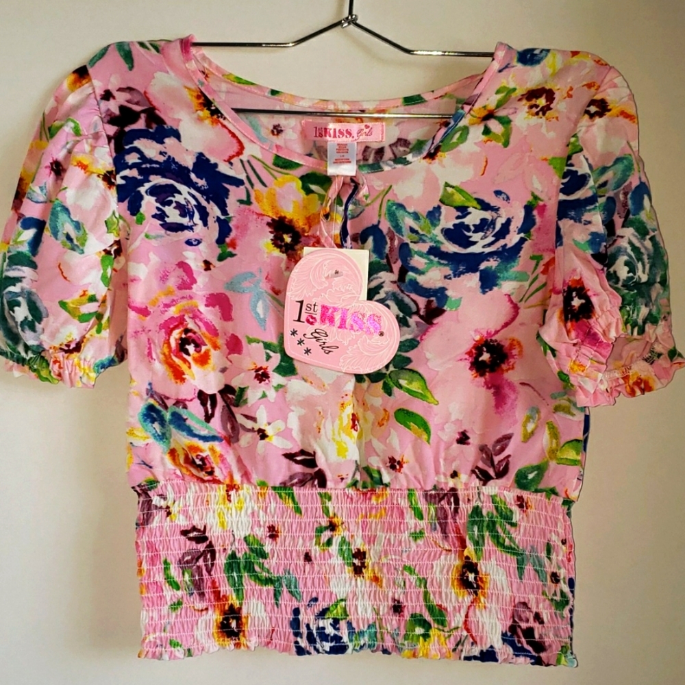 NEW Floral girls top cinched waist(elasticized), puffy short sleeve sz 14 - Picture 1 of 5